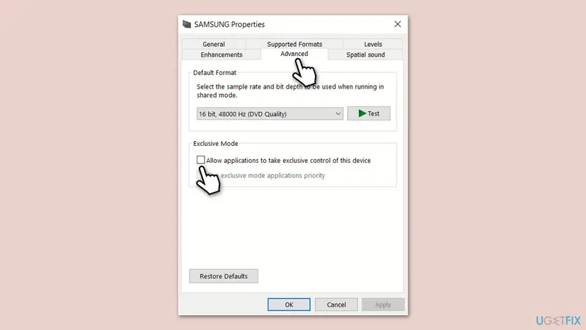 Microphone Properties on Windows 10 with the Advanced tab open and the exclusive mode options in the Exclusive Mode box unticked