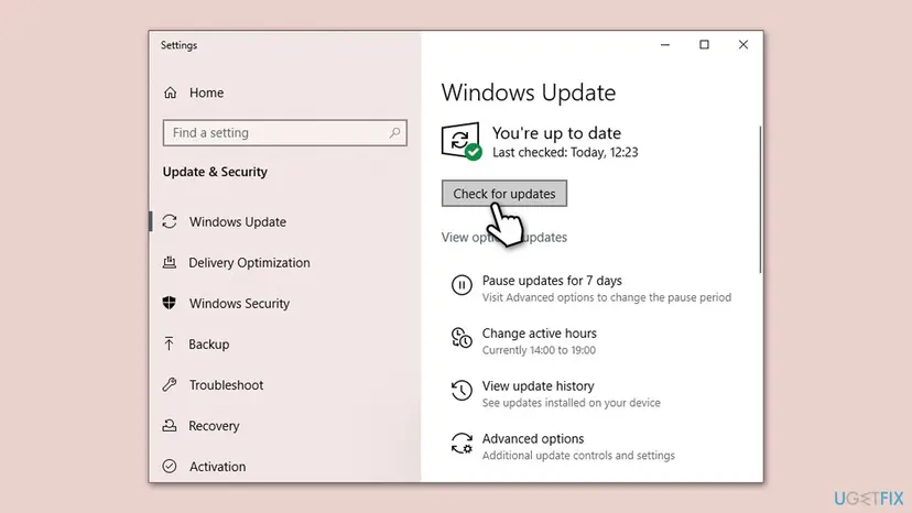 Windows 10 Settings Windows Update page with the Check for updates button highlighted