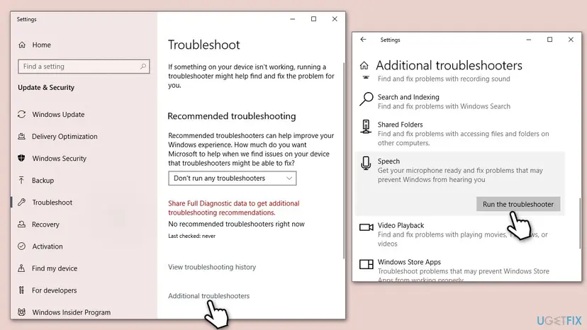 Windows 10 Settings with Troubleshoot on the left and the Additional troubleshooters list on the right, with Recording Audio above Speech