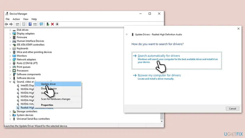 Device Manager on Windows 10 with an audio device right-clicked and the Update Drivers window showing Search automatically for drivers