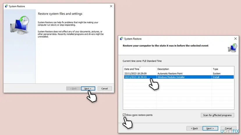 System Restore wizard showing the first screen and the list of restore points to choose from