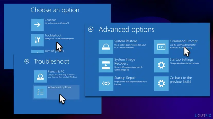 Windows recovery screens Choose an option, Troubleshoot and Advanced options with System Restore, Startup Repair and Command Prompt tiles