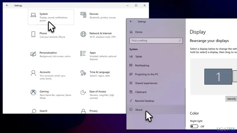Windows 10 Settings with System selected on the home page and the System menu open at About, where Disconnect from organization is found
