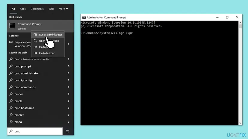 Windows search results for cmd with Run as administrator selected, and an Administrator Command Prompt window with the slmgr /xpr command typed