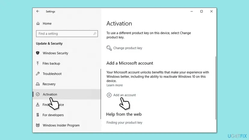 Windows 10 Settings, Update and Security, Activation page with Add a Microsoft account and the Add an account link selected