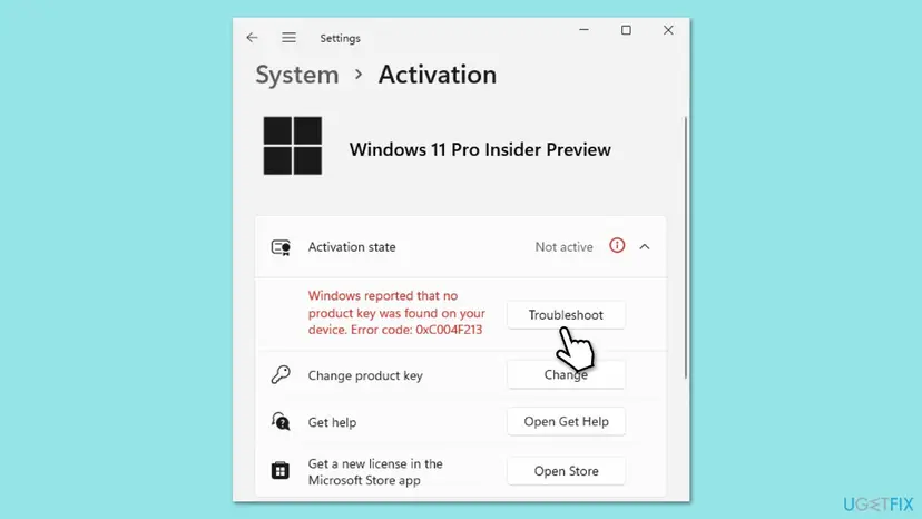 Windows 11 Settings, System, Activation page with Activation state Not active, the red 0xC004F213 no product key message and the Troubleshoot button