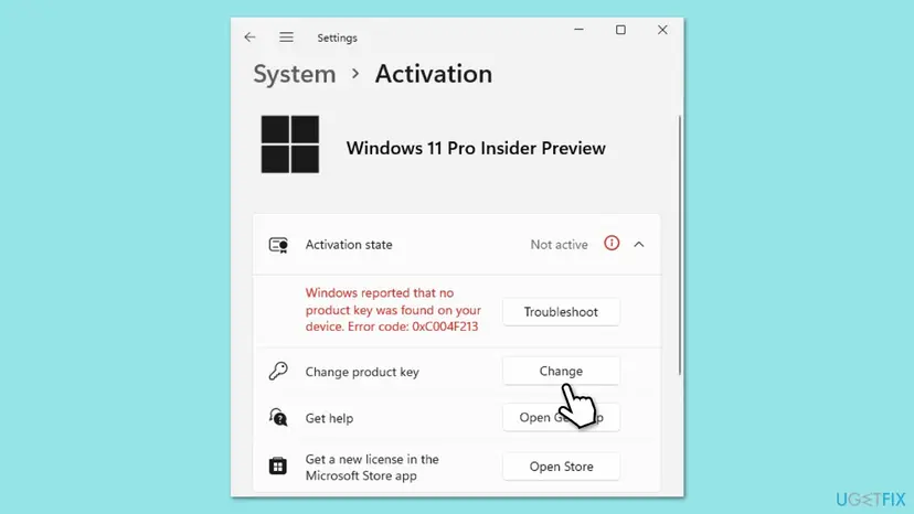 Windows 11 Activation page with the 0xC004F213 error and the pointer on the Change button in the Change product key row