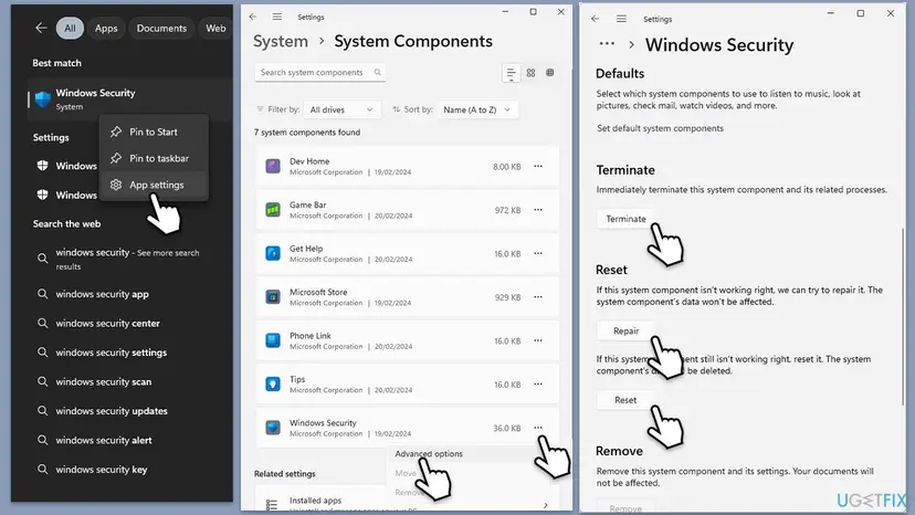 Windows 11 Start search with App settings for Windows Security, the System components list, and the Windows Security page with Terminate, Repair and Reset buttons