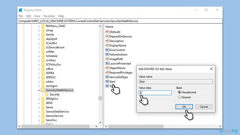 Registry Editor at HKEY_LOCAL_MACHINE SYSTEM CurrentControlSet Services SecurityHealthService with the Start value open in the Edit DWORD window