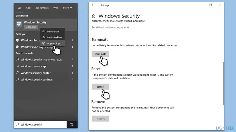 Windows 10 Start menu with App settings under Windows Security, and the Windows Security settings page with the Terminate and Reset buttons