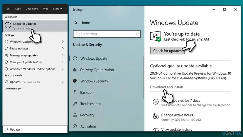 Windows 10 Settings, Windows Update page with the Check for updates button and an optional quality update offered with a Download and install link