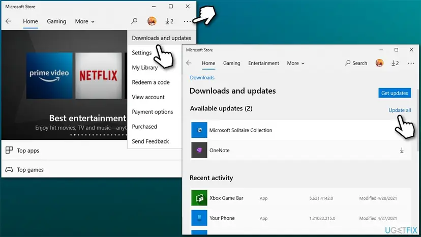 Windows 10 Microsoft Store with the See more menu open on Downloads and updates, and the Downloads and updates page with the Get updates button and an Update all link