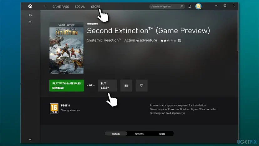 Older Xbox app for PC with the Store tab selected and a game page that shows the Play with Game Pass and Buy buttons