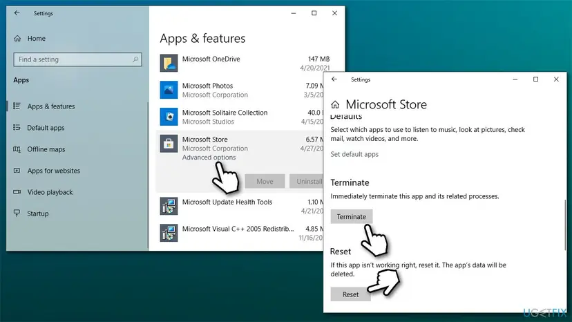 Windows 10 Settings, Apps and features with Microsoft Store selected, its Advanced options link and the Terminate and Reset buttons on the next page