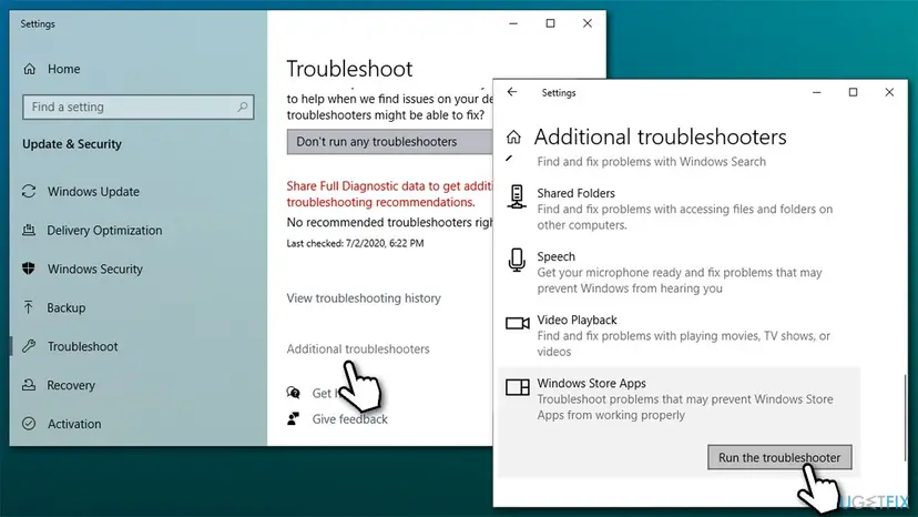 Windows 10 Settings, Troubleshoot page with the Additional troubleshooters link and the Windows Store Apps entry with its Run the troubleshooter button