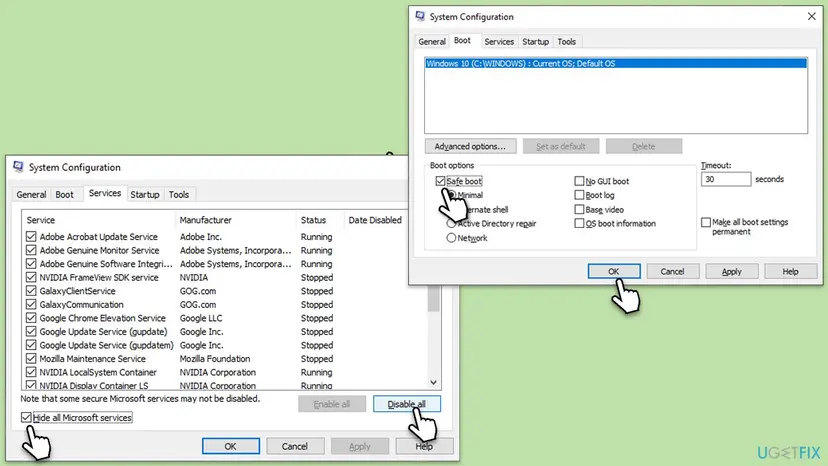 Two System Configuration windows showing the Services and Boot tabs