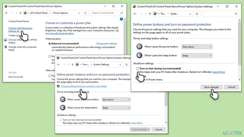 Steps in Windows Power Options to uncheck Turn on fast startup and save changes