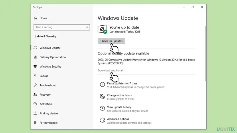 Windows Update settings page with the Check for updates button