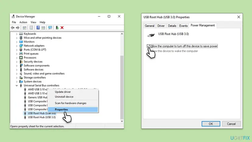Device Manager and USB Root Hub Power Management properties
