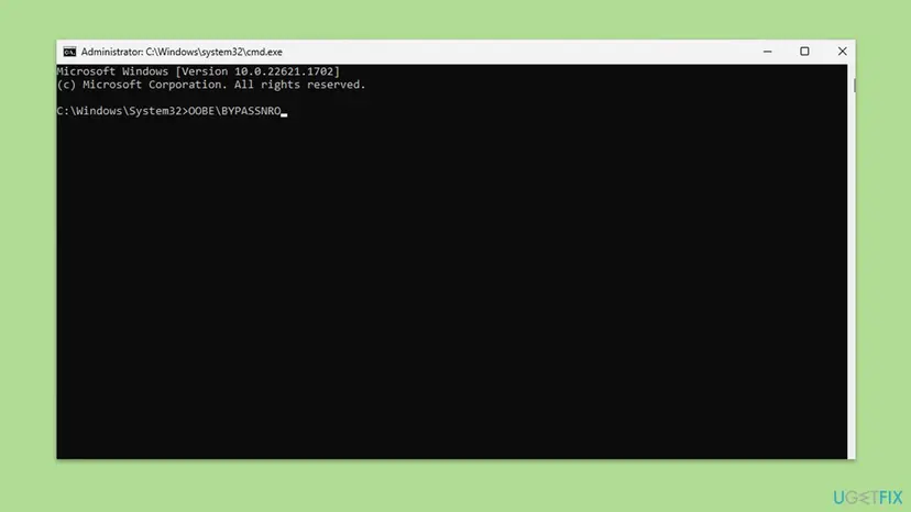Administrator Command Prompt opened during Windows setup with the command OOBE\BYPASSNRO typed at the prompt