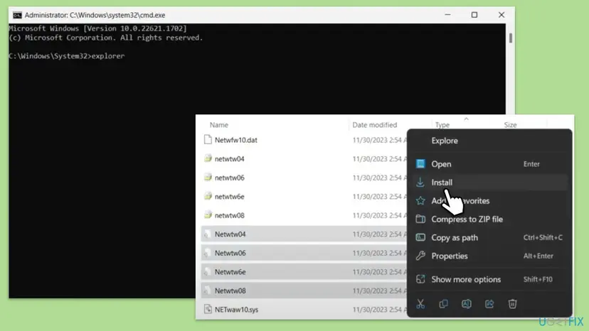 Command Prompt opened with Shift F10 during setup, File Explorer showing Wi-Fi driver files on a USB stick and the Install command in the right-click menu