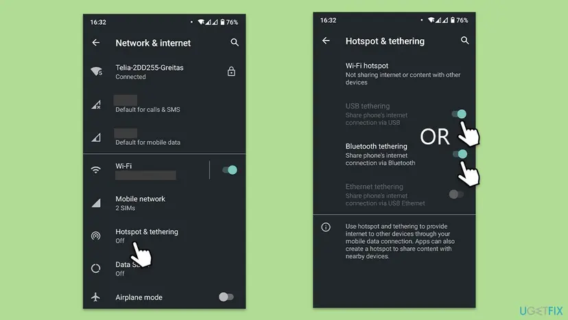 Android settings screens Network and internet and Hotspot and tethering with the USB tethering switch turned on
