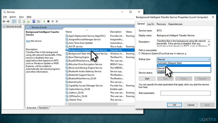 Services window with Background Intelligent Transfer Service selected, next to its Properties dialog with the Startup type list open showing Automatic, Manual and Disabled