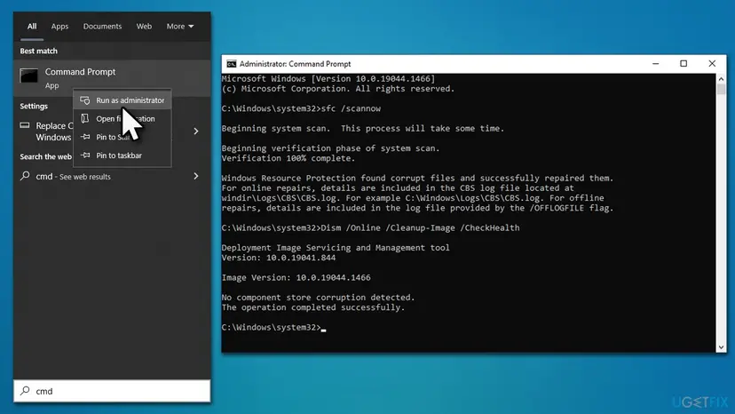 Administrator Command Prompt running sfc /scannow followed by the DISM Online Cleanup-Image commands that check and restore the Windows component store