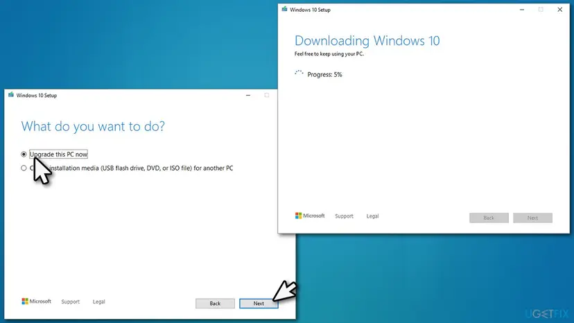 Windows 10 Setup from the Media Creation Tool with Upgrade this PC now selected, next to the Downloading Windows 10 progress window