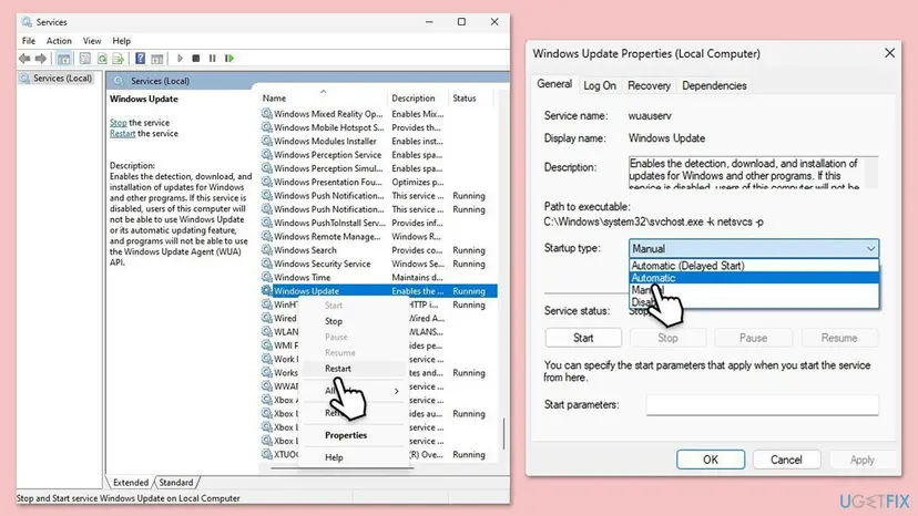 Services window on Windows 11 with the context menu Restart for a service and its Properties dialog where Startup type is being set to Automatic