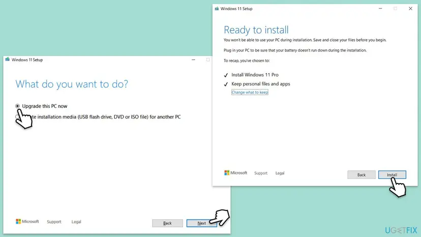 Windows 11 Setup windows: What do you want to do with Upgrade this PC now selected, and Ready to install with Keep personal files and apps checked above the Install button