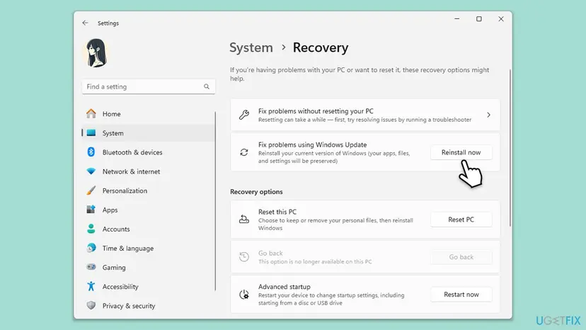 Windows 11 Settings at System > Recovery with Fix problems using Windows Update and its Reinstall now button, which keeps apps, files and settings