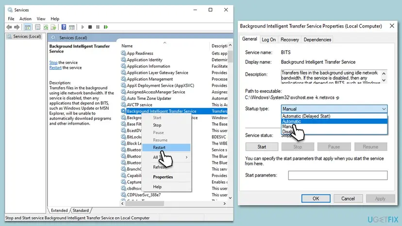 Services window with Background Intelligent Transfer Service selected and its right-click menu with Restart, next to the BITS Properties window with the Startup type list open