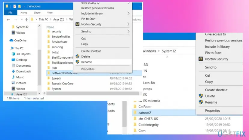 File Explorer on Windows 10 with the SoftwareDistribution folder in C:\Windows and the catroot2 folder in System32, each with its right-click menu open on Rename