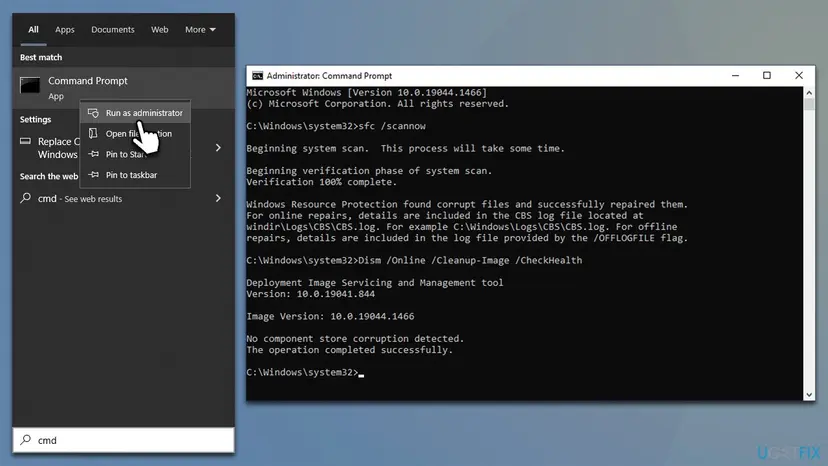 Administrator Command Prompt on Windows 10 where sfc /scannow repaired corrupt files and DISM CheckHealth reported no component store corruption