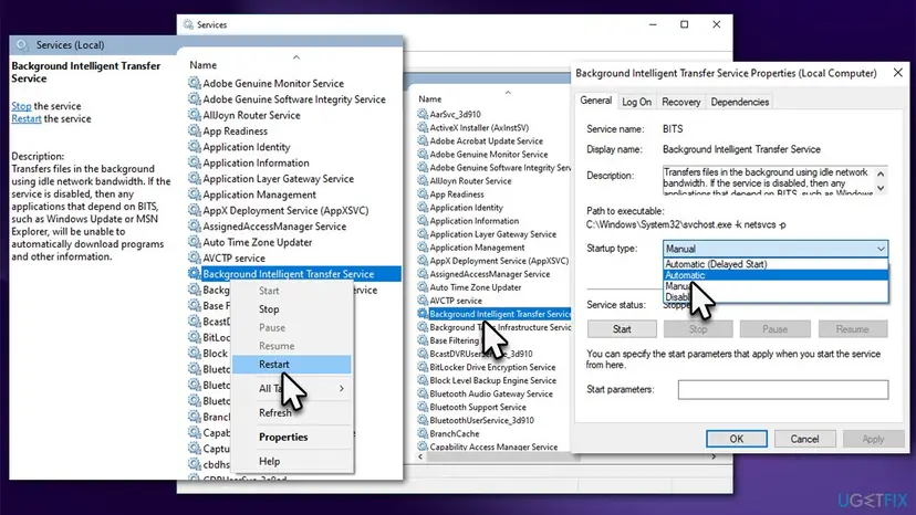 Windows Services list with Background Intelligent Transfer Service selected, its Restart menu item and the properties window with the Startup type drop-down open