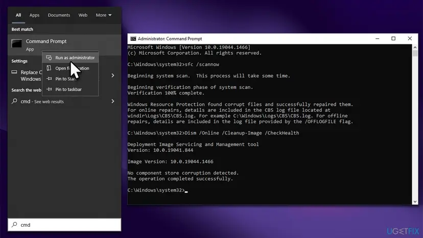 Windows search with Run as administrator for Command Prompt next to an Administrator Command Prompt running sfc /scannow and DISM /Online /Cleanup-Image /CheckHealth