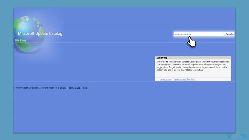 Microsoft Update Catalog start page with the search box at the top right, where you type wsl to find the Windows Subsystem for Linux kernel packages