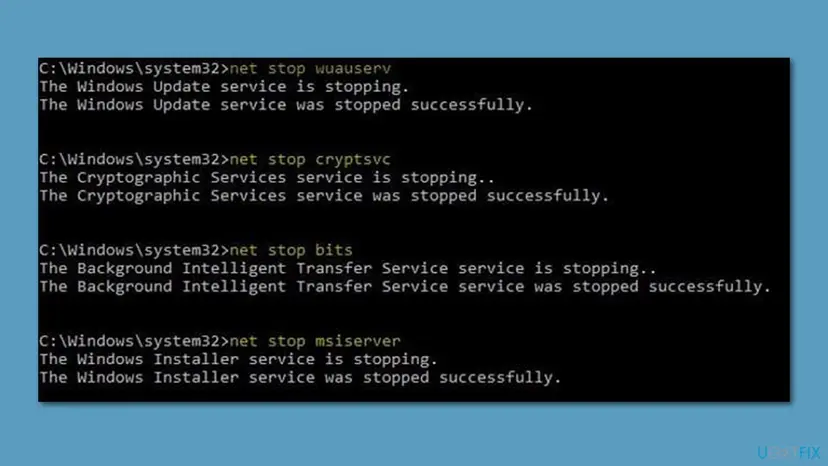 Command Prompt window where net stop commands stop the Windows Update, Cryptographic, BITS and Windows Installer services one after another