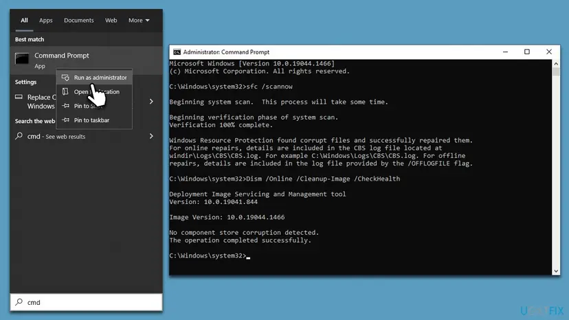 Administrator Command Prompt running sfc /scannow and the DISM Cleanup-Image commands that check and repair the Windows component store