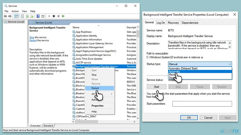 Services window with the Background Intelligent Transfer Service right-click menu open on Restart, and its Properties window showing the Startup type list