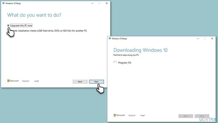 Windows 10 Setup window from the Media Creation Tool with Upgrade this PC now selected and a second window downloading Windows 10