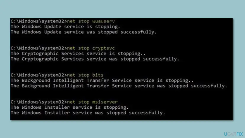 Administrator Command Prompt with net stop commands that stop the BITS, Windows Update, Application Identity and Cryptographic services one after another