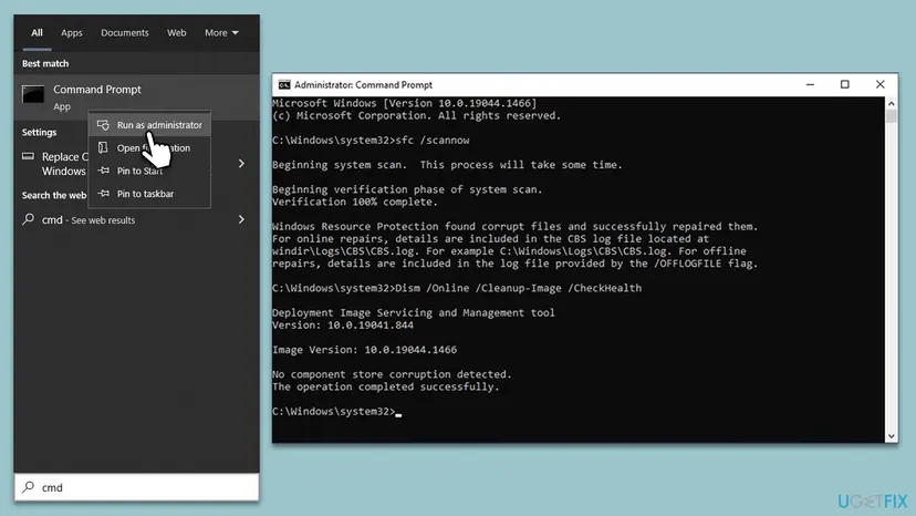 Administrator Command Prompt running sfc /scannow and the DISM Cleanup-Image commands that check and repair the Windows component store