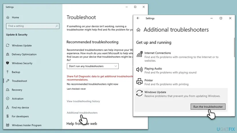 Windows 10 Settings with Additional troubleshooters open and the Windows Update entry selected with its Run the troubleshooter button