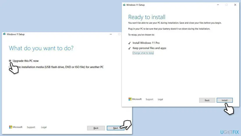 Windows 11 Setup with Upgrade this PC now selected, and the Ready to install screen that lists Install Windows 11 Pro and Keep personal files and apps