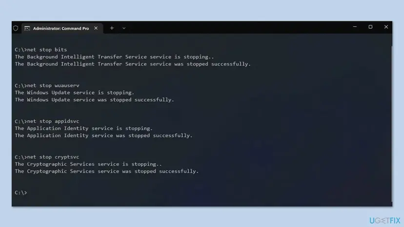 Administrator Command Prompt after net stop bits, wuauserv, appidsvc and cryptsvc, each reporting that the service was stopped successfully