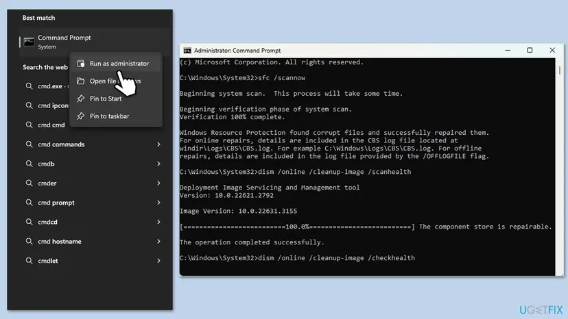 Administrator Command Prompt where sfc /scannow found corrupt files and repaired them, followed by DISM ScanHealth reporting that the component store is repairable
