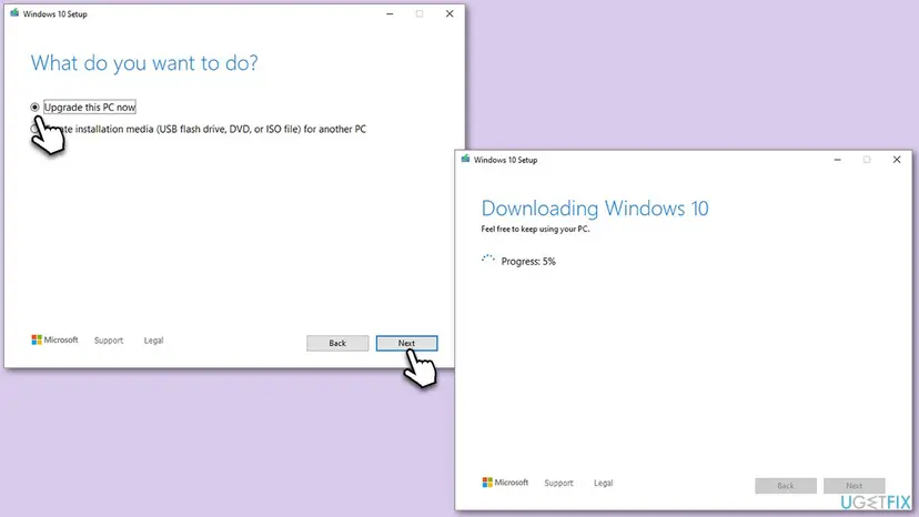 Windows 10 Setup window asking What do you want to do with Upgrade this PC now selected, and a second window showing Downloading Windows 10 at 5 percent