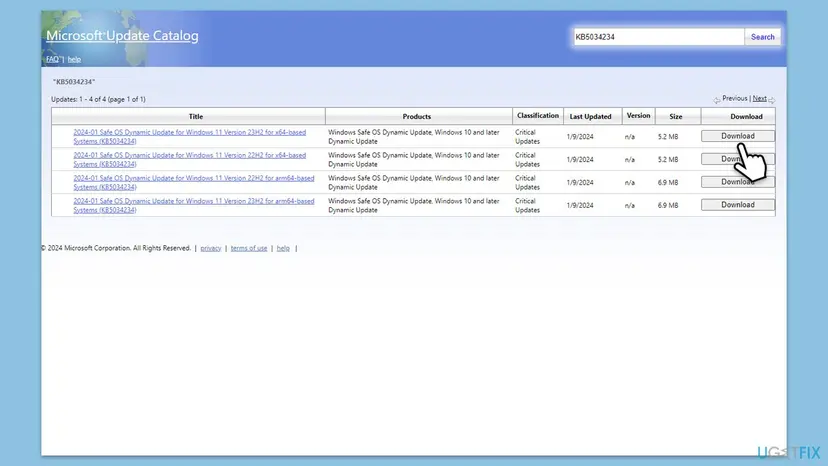 Microsoft Update Catalog web page with search results for a KB number and the Download button of one row